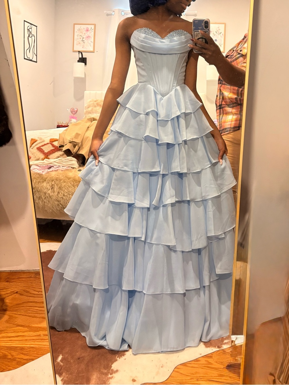 Strapless Light Blue Tiered Ruffle Ball Gown. Sherri Hill inspired